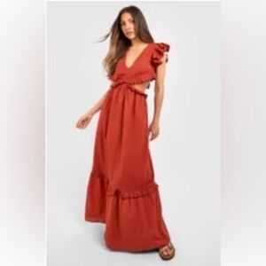 Women's Ruffled Cutout Maxi Dress in Coral Red